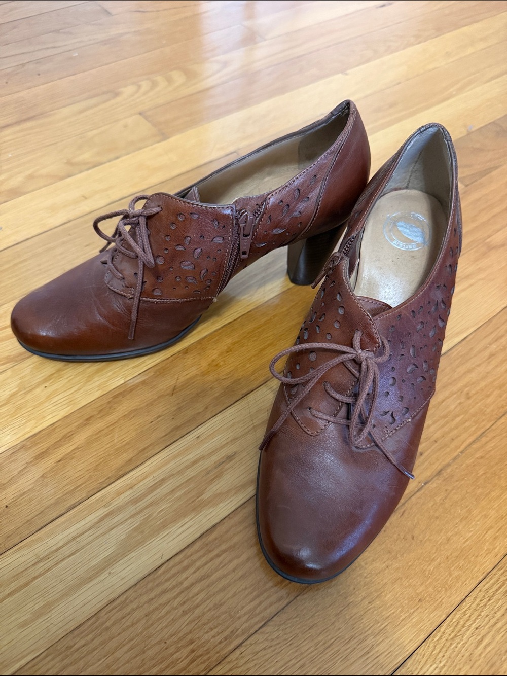 Nurture Cognac Brown Lace-Up Perforated Block Heel Oxfords